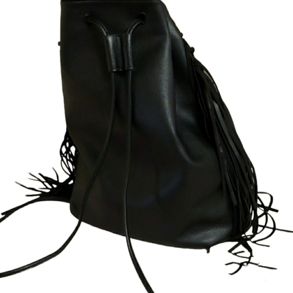 Victoria's Secret Large Black Faux Leather Fringe Drawstring Backpack Tote Purse - Picture 6 of 11